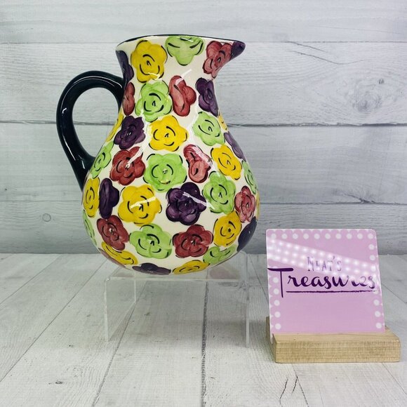Pier 1 One MULTICOLORED FLORAL Black Trim Hand Painted Ceramic 80oz Pitcher
